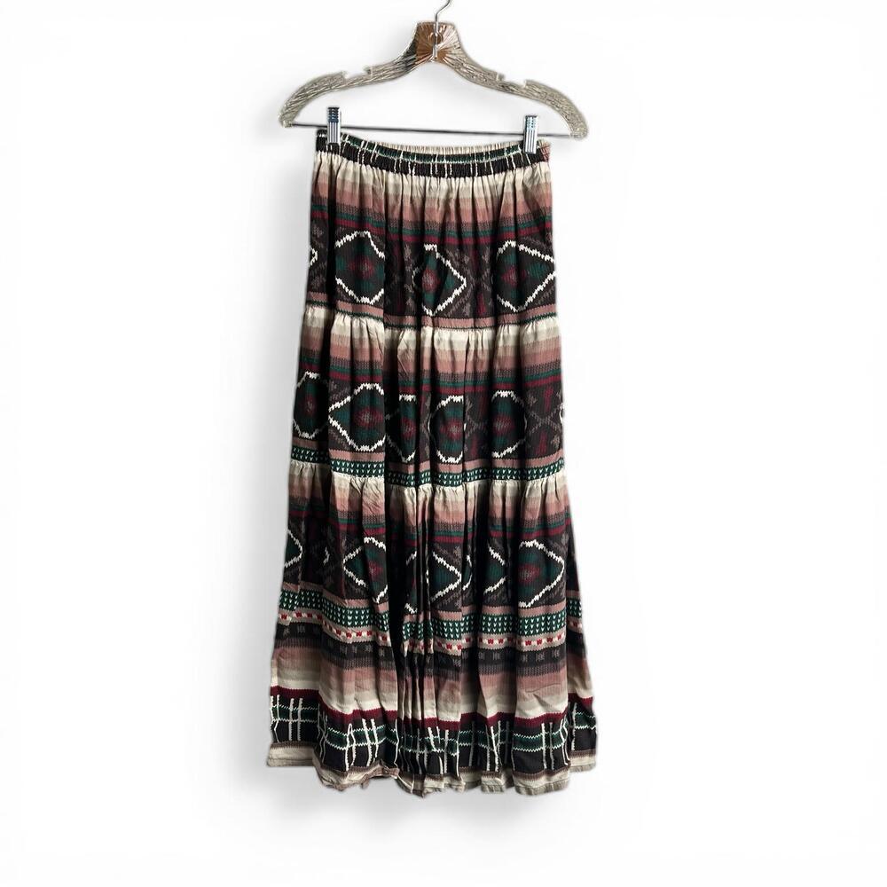 Vintage Boho Tiered Maxi Skirt with Geometric Pattern